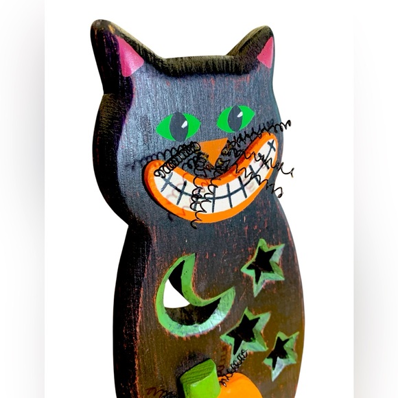 Vintage  Standing Wooden Black Cat Beistle Style Green Eyes and a Silly Grin - Picture 3 of 6
